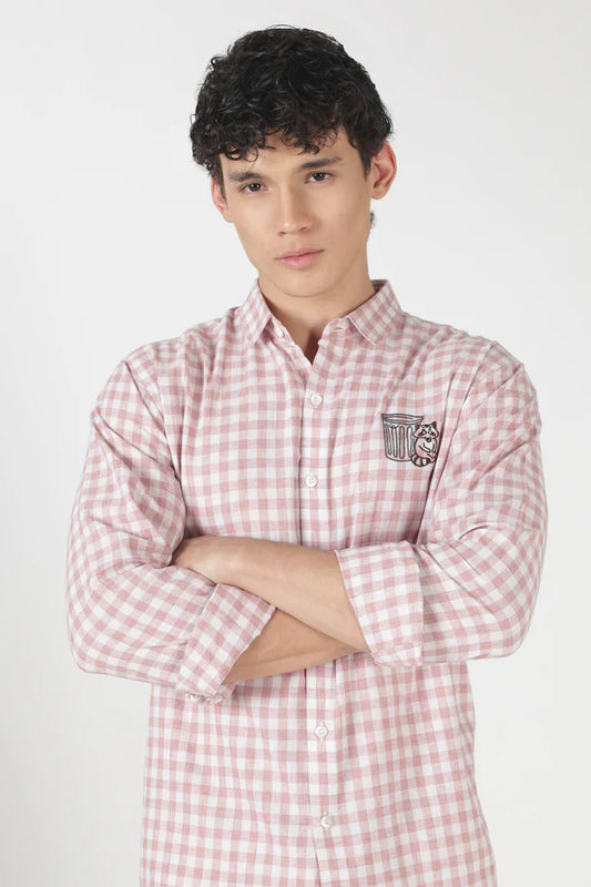 Playful Raccoon Cotton Regular Fit Pink Embroidered Shirt