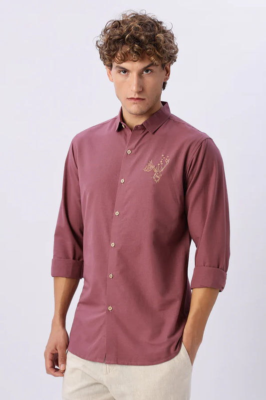 Arctic Reindeer Cotton Regular Fit Pink Embroidered Shirt