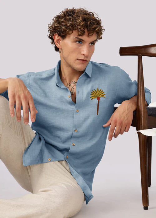 Palm Cove Breeze Cotton Regular Fit Blue Embroidered Shirt