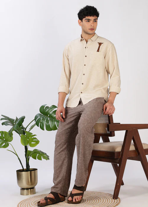 Gentle Giraffe Cotton Regular Fit Beige Embroidered Shirt
