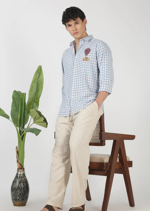 Sky Balloon House Cotton Regular Fit Sky Blue Embroidered Shirt