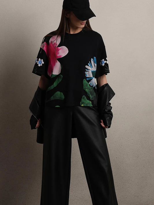 BLACK FLORAL COTTON T-SHIRT
