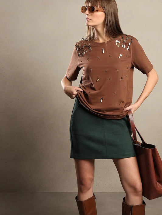 BROWN EMBELLISHED COTTON T-SHIRT