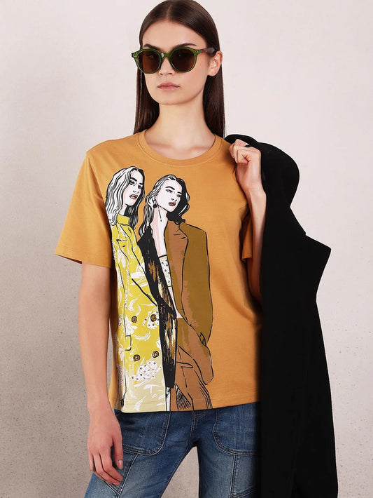 MUSTARD PRINTED COTTON T-SHIRT