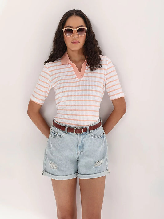 PINK STRIPED RIB-KNIT T-SHIRT
