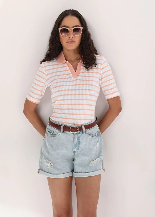 PINK STRIPED RIB-KNIT T-SHIRT