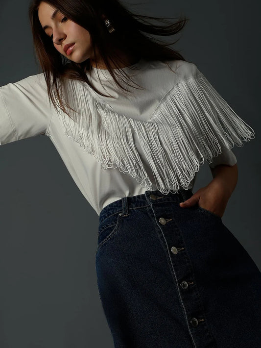 WHITE FRINGE DETAIL T-SHIRT