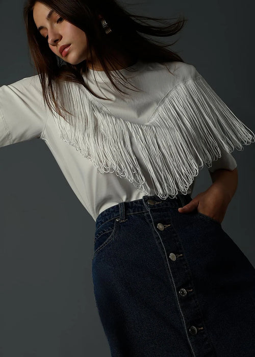 WHITE FRINGE DETAIL T-SHIRT